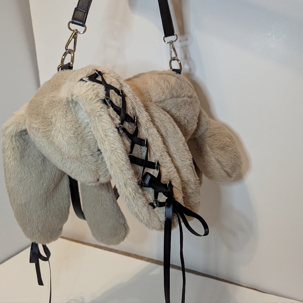 Faux Fur Bunny Ear Bag with Black Ribbon